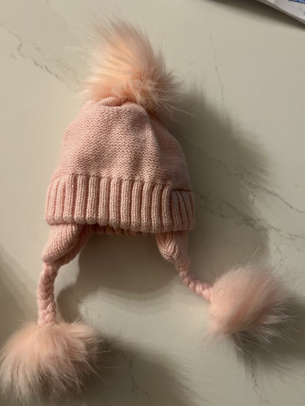 Toby Girls Pink Solid Knit Acrylic Beanie Hat w/ Ear Flaps & Pom Pom 6-18M